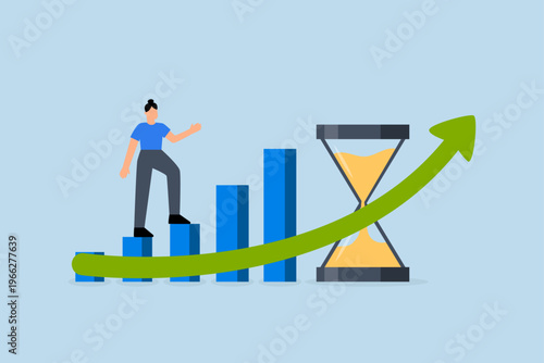 Time value of money, woman stroll up growth ascending graph with hourglass symbolizing time