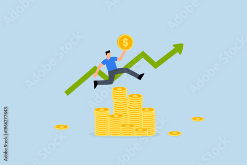 Success investing, wealthy businessman leaps atop a pile of coins with an upward trend chart