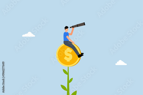 Investment, man look through telescope at plant featuring money coin flower