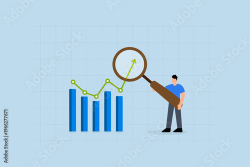 Trend analysis, businessman analyst examines trend graph and chart with magnifying glass.