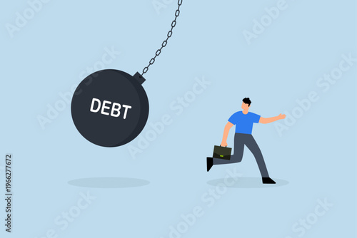 Debt problem, businessman escapes from a massive wrecking ball labeled debt