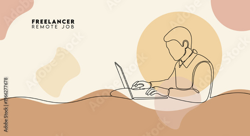 Continuous line art graphic portraying a man using a laptop for productivity and business tasks.