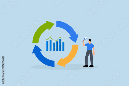 Economic cycle to study up and down on stock market, businessman with magnifier on economic cycle diagram