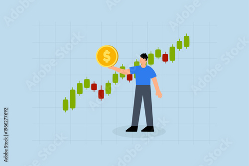 Stock market trader, businessman trader possesses dollar coin while examining chart and graph