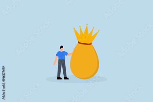 Golden egg investment, affluent entrepreneur with valuable golden egg adorned with crown
