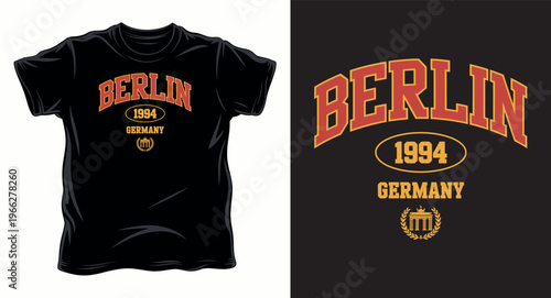 Berlin Germany varsity style t-shirt design with Brandenburg gate icon and estd 1994 typography t-shirt design print illustration