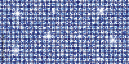 Blue disco ball texture, sparkling square mosaic tiles background with light glares, shiny party pattern