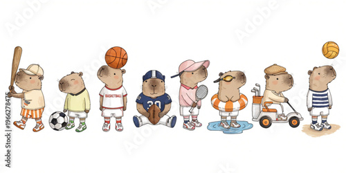 Set of funny cartoon capybara cute animals in playful sports vector style featuring smiling characters for kids toy illustration collection