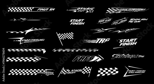 Set of Racing Car Decal Design Elements with Checkered Flags, Speed Lines, and StartFinish Typography for Motorsport Graphics and Vinyl Stickers