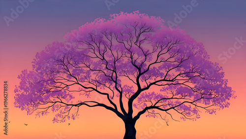 Beautiful silhouette of a spreading jacaranda tree with purple blossoms against a vibrant sunset sky, serene landscape digital illustration with warm orange and purple gradient background.