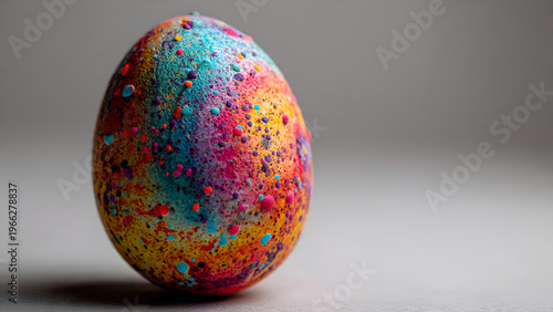 Artistic Easter egg decorated with vibrant colorful paint splatters and abstract patterns, creative holiday macro photography of a handcrafted egg isolated on a neutral grey background.