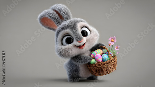 Adorable 3D cartoon bunny holding a wicker basket filled with colorful decorated Easter eggs and spring flowers, cute fluffy rabbit character on a soft grey background for holiday celebration.