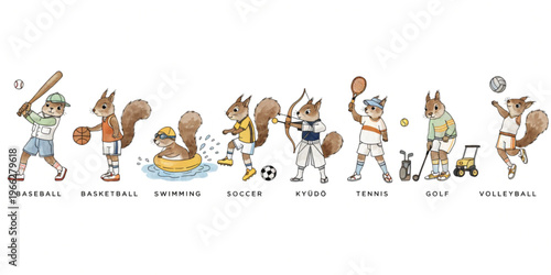 Set of funny cartoon Squirrel  cute animals in playful sports vector style featuring smiling characters for kids toy illustration collection