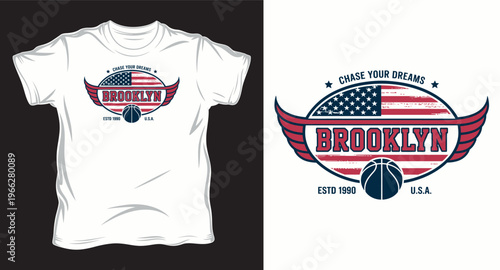 Patriotic brooklyn basketball typography with wings and american flag motifs for vintage sportswear design  t-shirt design print illustration
