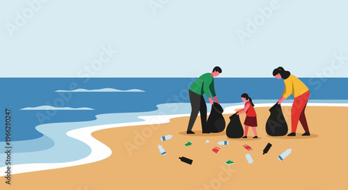 Family cleaning up beach together.