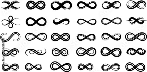 Collection of stylized black infinity symbols on white background, featuring various artistic, abstract, and simple endless loop designs for limitless concepts.