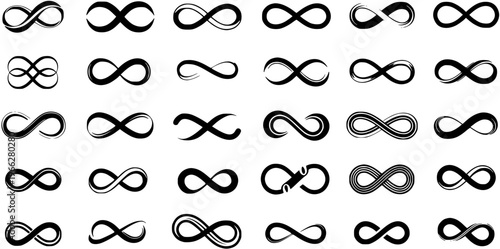 Diverse Black Infinity Symbols Collection: Vector Set of Stylized Endless Loop Designs, Brush Strokes, Outlines, and Intertwined Shapes on White