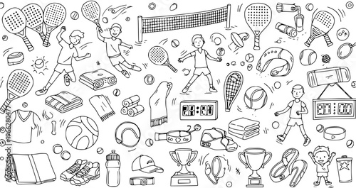 Hand-drawn doodle of various sports and fitness elements: athletes, rackets, balls, nets, gym equipment, towels, trophies, and accessories in black and white.
