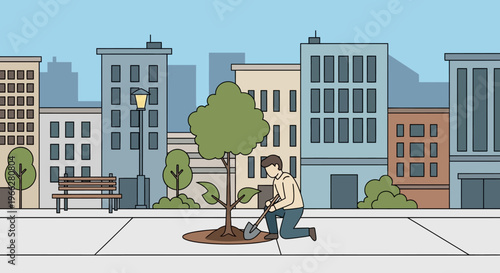Man Kneeling by a Tree Plant.