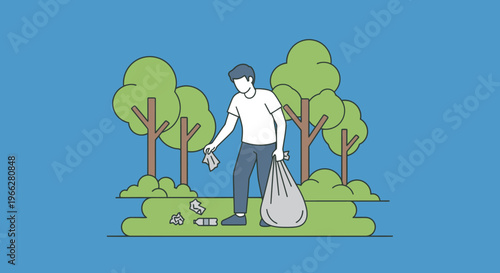 Man picking up trash in park.