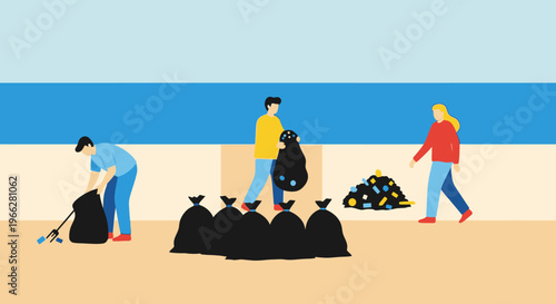 People cleaning up trash on beach.