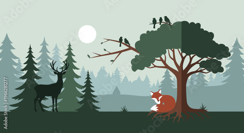 Red Fox Sitting Under Tree Forest.