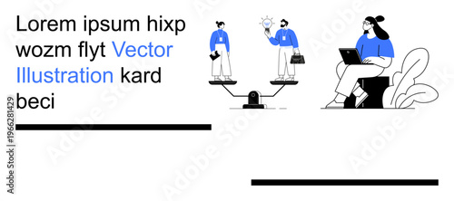 Teamwork, professional choices, remote work, balance, creative thinking, productivity. Business people interacting with scales and a colleague working on a laptop. Teamwork and professional choices