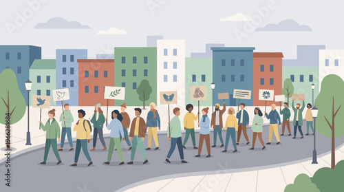 Crowd of People Walking in City Park with Buildings and Trees