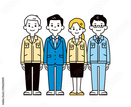 製造業・工務店の社長と作業服を着た男性作業員と女性事務員の全身ベクターイラスト素材セット