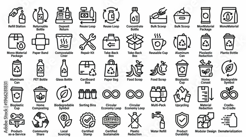 Circular Economy and Zero Waste Packaging Icon Set, Sustainable Material and Recycling Outline Vector