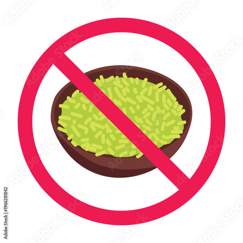 No green rice sign, forbidden sign with green rice icon, green rice prohibited symbol, do not eat colored rice symbol