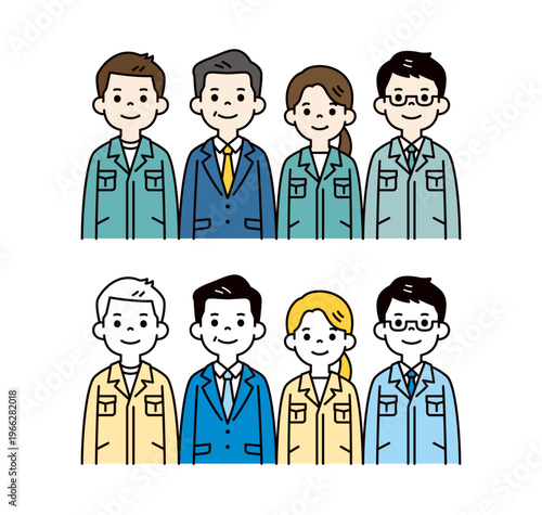 スーツの中年男性と複数の男女の技術者・作業員・従業員の上半身ベクターイラスト素材セット