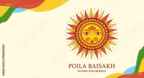 A vibrant illustration of the sun symbol with the text "POILA BAISAKH SHUBHO NABO BORSHO" below it, set against a light background with colorful abstract brushstrokes.