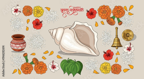 A decorative arrangement of traditional Indian cultural and religious items, including a conch shell, flowers, and a pot.