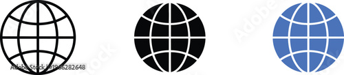 Globe icon collection representing world map geography and global connection in outline solid styles