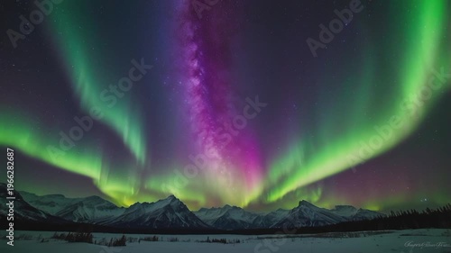 A stunning and surreal natural scene, combining two of the most beautiful celestial phenomena in one frame. In the center, the Milky Way galaxy stretches vertically in intense purple and pink hues.