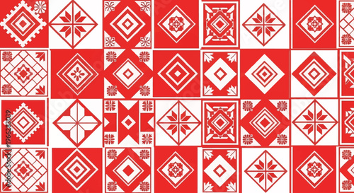 A vibrant red and white geometric pattern featuring a variety of diamond and square motifs arranged in a grid.