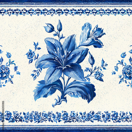 Blue Lily Bird Chinoiserie Style Art Illustration