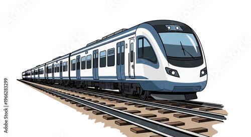 Vector illustration of modern commuter train on railway tracks on transparence background