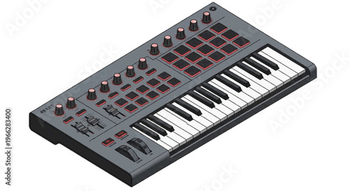 Vector illustration of modern midi keyboard controller with drum pads and knobs for music production on transparence background