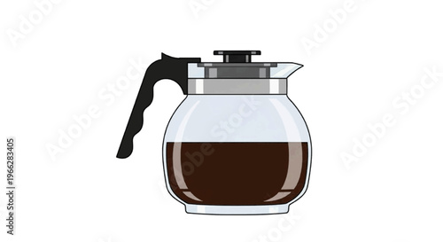 Vector illustration of glass coffee pot with black handle and lid filled with fresh coffee on transparence background
