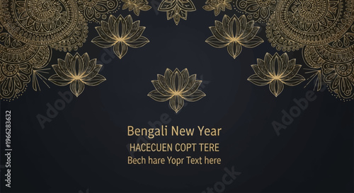 A decorative dark background with golden lotus flowers and traditional patterns, celebrating Bengali New Year.