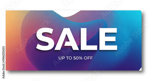 A vibrant, abstract banner with "SALE" in bold white letters and "UP TO 50% OFF" text, featuring a colorful gradient background.