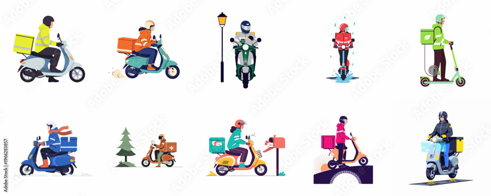 Fototapeta premium Set of delivery couriers on scooters and mopeds delivering food and packages in various weather conditions and environments, flat vector illustration.