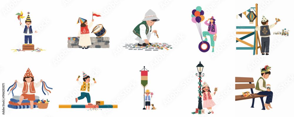 Fototapeta premium Set of Children in Traditional Folk Costumes Celebrating Festivals and Playing with Toys in a Whimsical Flat Illustration Style