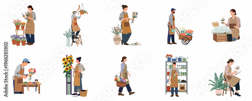 Collection of diverse florists and gardeners in aprons arranging bouquets, watering plants, and working in a flower shop or garden setting on white background.