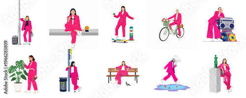 Collection of flat vector illustrations featuring a trendy woman in a vibrant pink suit engaging in various urban and lifestyle activities.