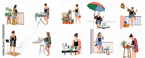 Vector illustrations of a young woman working remotely, gardening, and relaxing on her balcony in various poses and colorful floral kimonos.