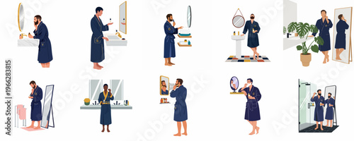 Set of Illustrations Showing Men in Bathrobes Performing Daily Morning Grooming Routines, Skincare, and Beard Care in Various Bathroom Settings