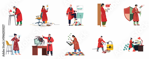 Set of illustrations depicting people at home in bathrobes dealing with cybersecurity threats like phishing, malware, password security, and online data protection.